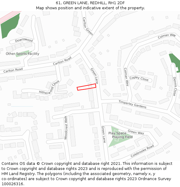 61, GREEN LANE, REDHILL, RH1 2DF: Location map and indicative extent of plot