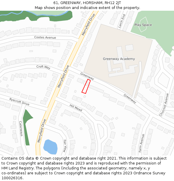 61, GREENWAY, HORSHAM, RH12 2JT: Location map and indicative extent of plot