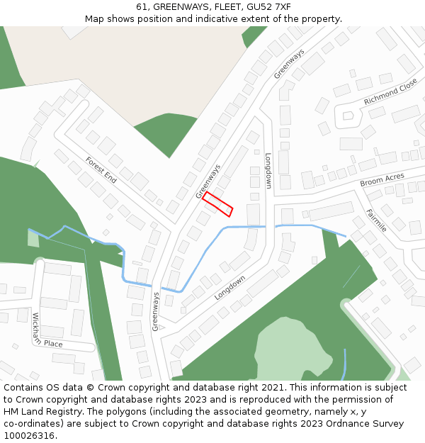 61, GREENWAYS, FLEET, GU52 7XF: Location map and indicative extent of plot