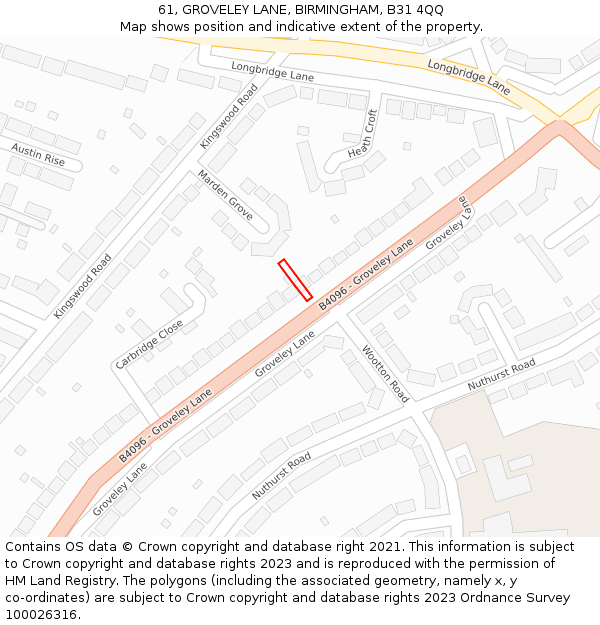 61, GROVELEY LANE, BIRMINGHAM, B31 4QQ: Location map and indicative extent of plot