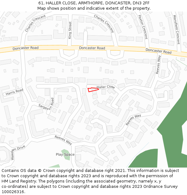 61, HALLER CLOSE, ARMTHORPE, DONCASTER, DN3 2FF: Location map and indicative extent of plot