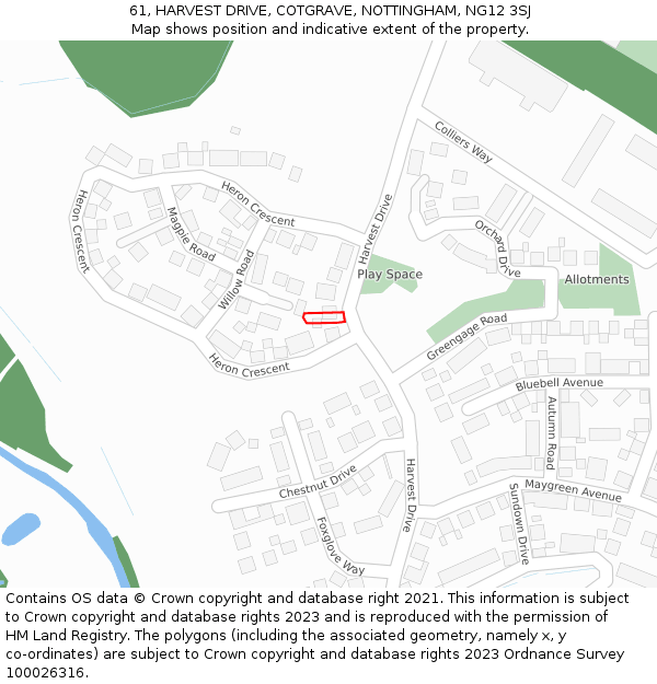 61, HARVEST DRIVE, COTGRAVE, NOTTINGHAM, NG12 3SJ: Location map and indicative extent of plot