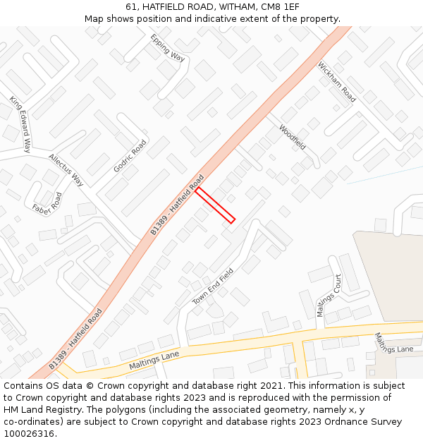 61, HATFIELD ROAD, WITHAM, CM8 1EF: Location map and indicative extent of plot