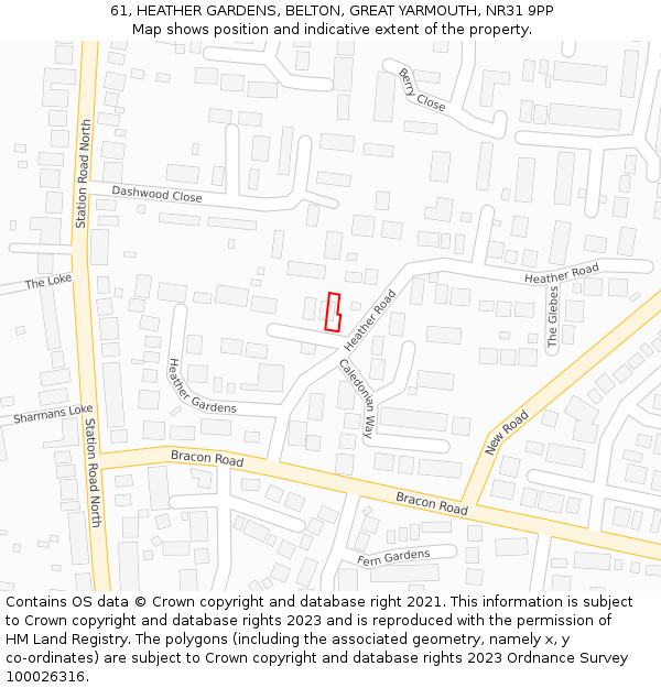 61, HEATHER GARDENS, BELTON, GREAT YARMOUTH, NR31 9PP: Location map and indicative extent of plot