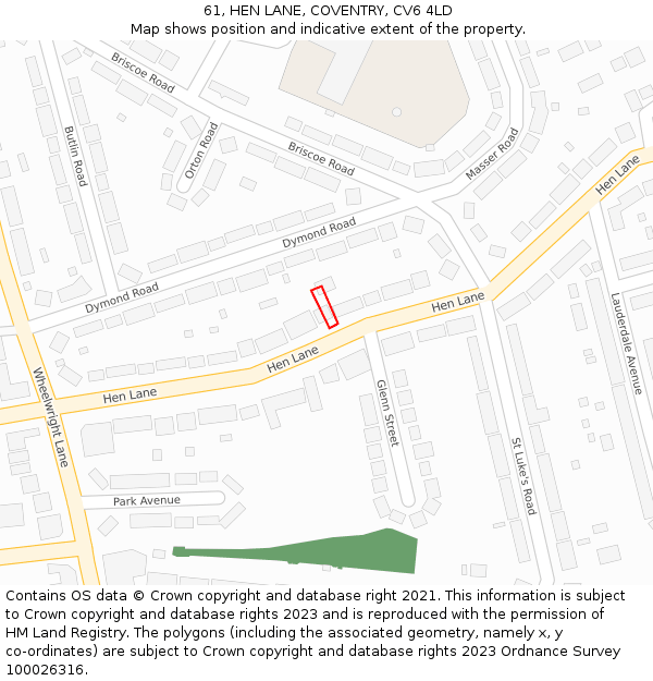 61, HEN LANE, COVENTRY, CV6 4LD: Location map and indicative extent of plot