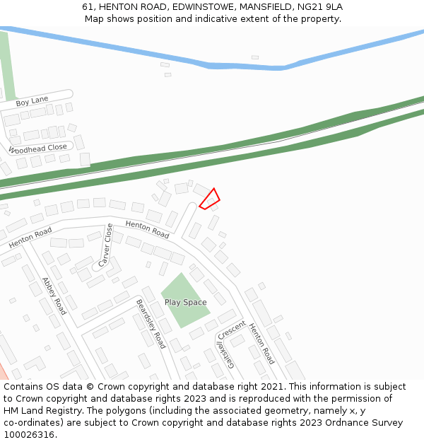 61, HENTON ROAD, EDWINSTOWE, MANSFIELD, NG21 9LA: Location map and indicative extent of plot