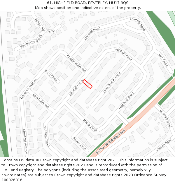 61, HIGHFIELD ROAD, BEVERLEY, HU17 9QS: Location map and indicative extent of plot