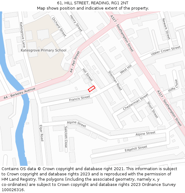 61, HILL STREET, READING, RG1 2NT: Location map and indicative extent of plot