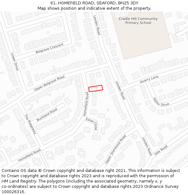 61, HOMEFIELD ROAD, SEAFORD, BN25 3DY: Location map and indicative extent of plot