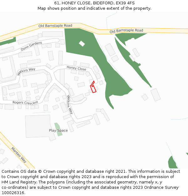 61, HONEY CLOSE, BIDEFORD, EX39 4FS: Location map and indicative extent of plot