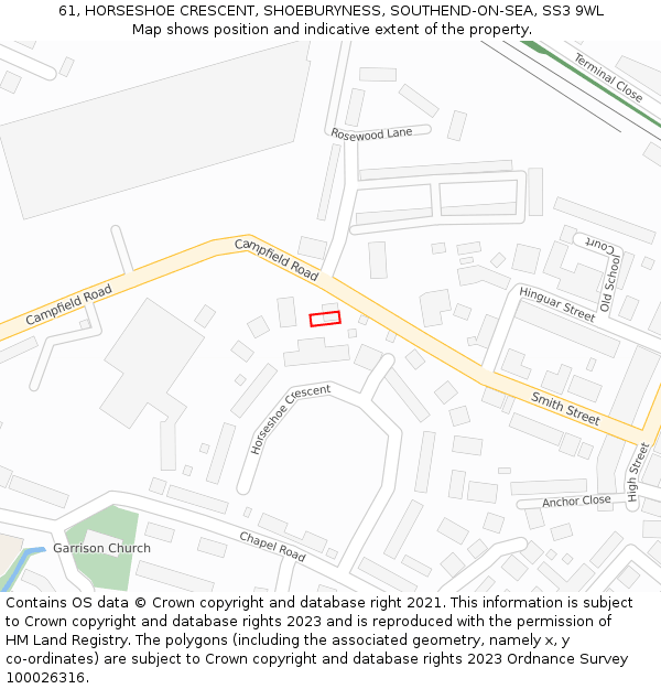 61, HORSESHOE CRESCENT, SHOEBURYNESS, SOUTHEND-ON-SEA, SS3 9WL: Location map and indicative extent of plot