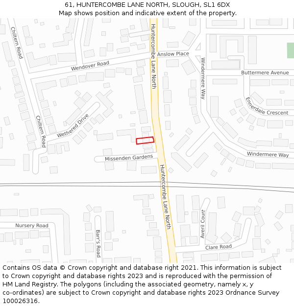 61, HUNTERCOMBE LANE NORTH, SLOUGH, SL1 6DX: Location map and indicative extent of plot