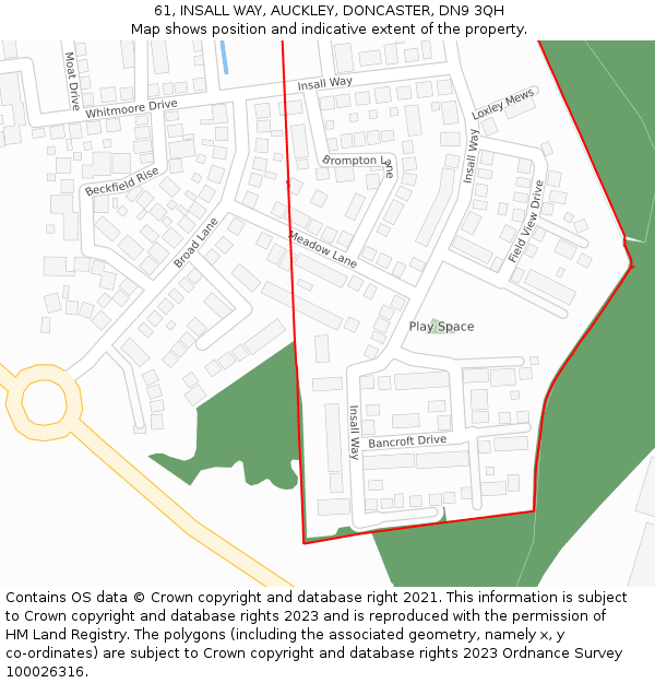 61, INSALL WAY, AUCKLEY, DONCASTER, DN9 3QH: Location map and indicative extent of plot