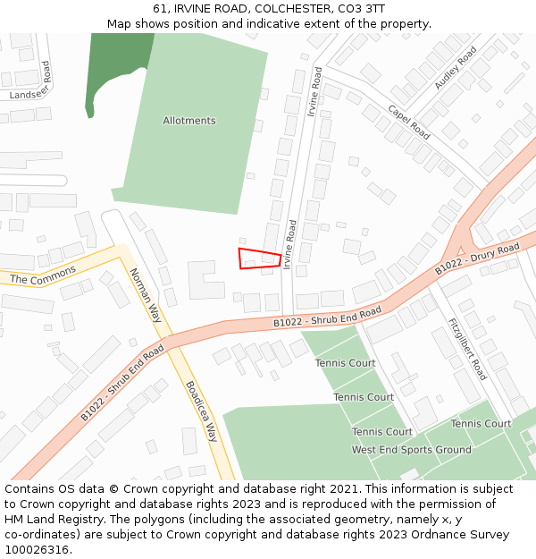 61, IRVINE ROAD, COLCHESTER, CO3 3TT: Location map and indicative extent of plot