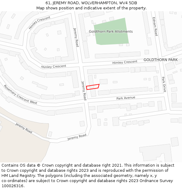 61, JEREMY ROAD, WOLVERHAMPTON, WV4 5DB: Location map and indicative extent of plot