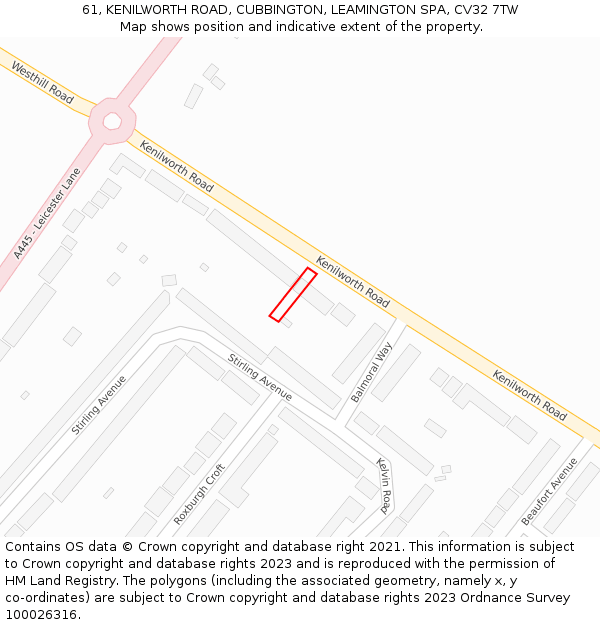 61, KENILWORTH ROAD, CUBBINGTON, LEAMINGTON SPA, CV32 7TW: Location map and indicative extent of plot