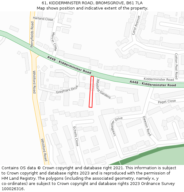 61, KIDDERMINSTER ROAD, BROMSGROVE, B61 7LA: Location map and indicative extent of plot