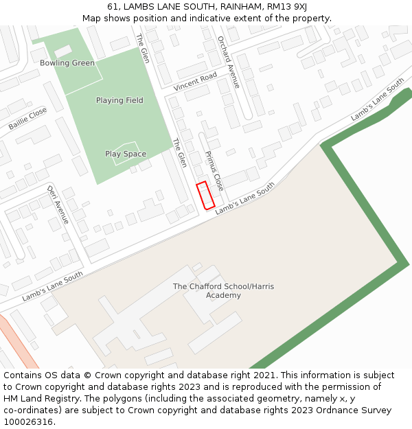 61, LAMBS LANE SOUTH, RAINHAM, RM13 9XJ: Location map and indicative extent of plot