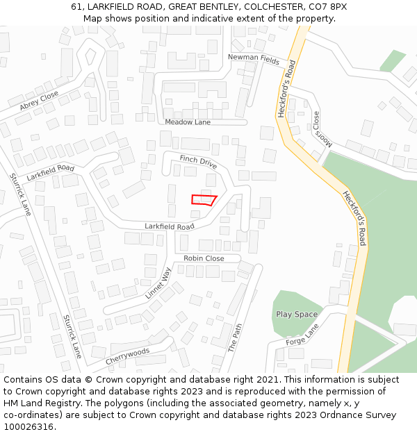 61, LARKFIELD ROAD, GREAT BENTLEY, COLCHESTER, CO7 8PX: Location map and indicative extent of plot