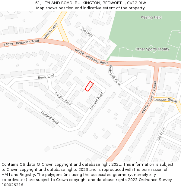 61, LEYLAND ROAD, BULKINGTON, BEDWORTH, CV12 9LW: Location map and indicative extent of plot