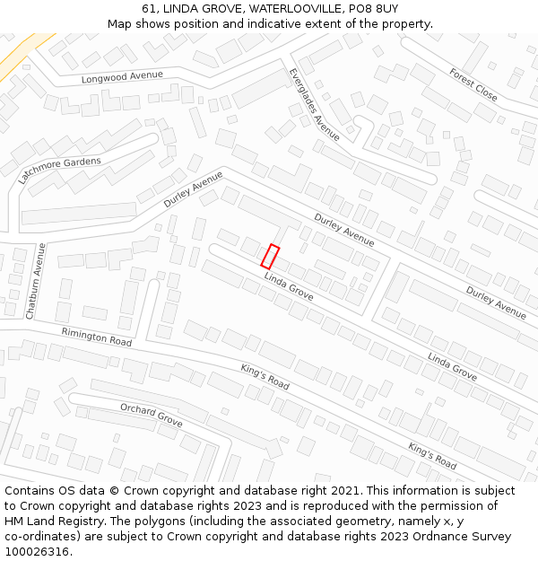 61, LINDA GROVE, WATERLOOVILLE, PO8 8UY: Location map and indicative extent of plot