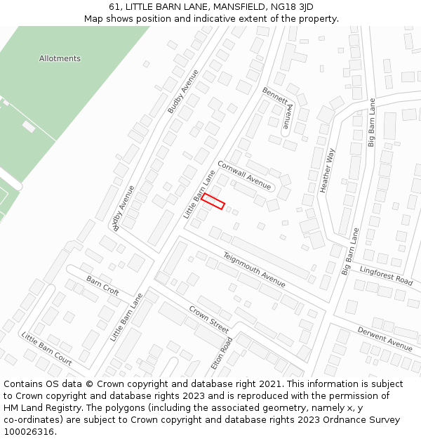 61, LITTLE BARN LANE, MANSFIELD, NG18 3JD: Location map and indicative extent of plot