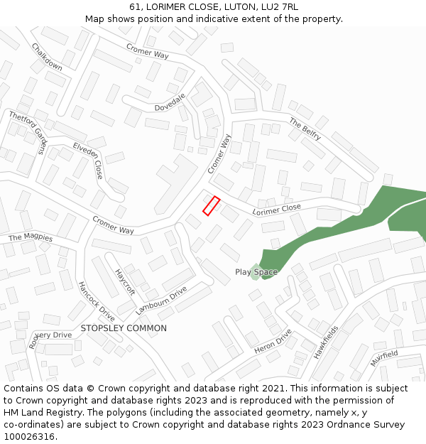 61, LORIMER CLOSE, LUTON, LU2 7RL: Location map and indicative extent of plot