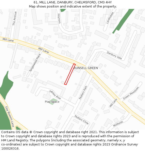 61, MILL LANE, DANBURY, CHELMSFORD, CM3 4HY: Location map and indicative extent of plot