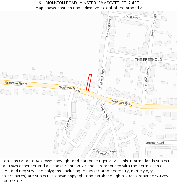 61, MONKTON ROAD, MINSTER, RAMSGATE, CT12 4EE: Location map and indicative extent of plot