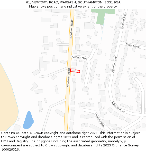 61, NEWTOWN ROAD, WARSASH, SOUTHAMPTON, SO31 9GA: Location map and indicative extent of plot