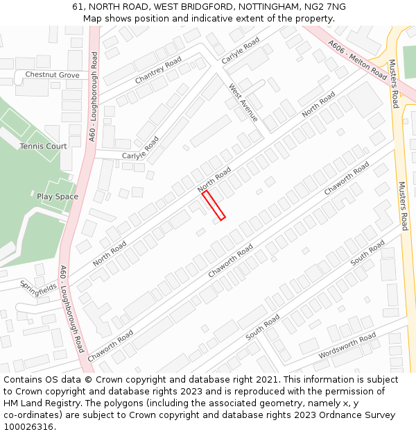 61, NORTH ROAD, WEST BRIDGFORD, NOTTINGHAM, NG2 7NG: Location map and indicative extent of plot