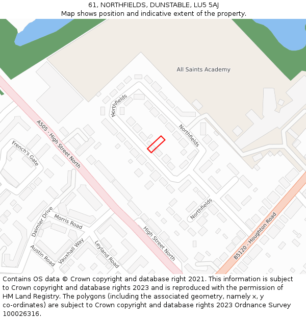 61, NORTHFIELDS, DUNSTABLE, LU5 5AJ: Location map and indicative extent of plot