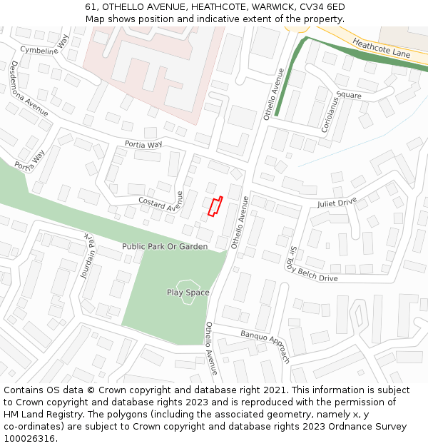 61, OTHELLO AVENUE, HEATHCOTE, WARWICK, CV34 6ED: Location map and indicative extent of plot