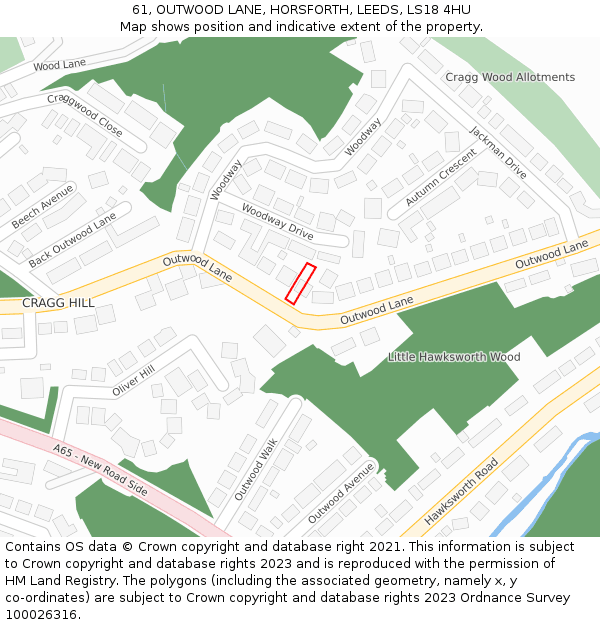 61, OUTWOOD LANE, HORSFORTH, LEEDS, LS18 4HU: Location map and indicative extent of plot