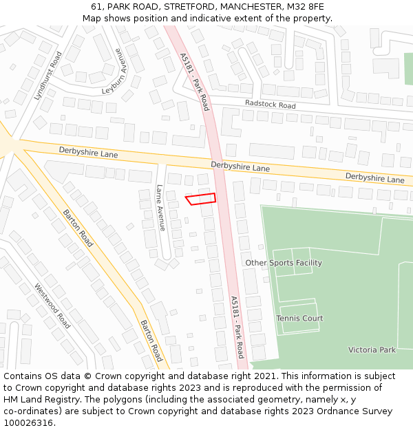 61, PARK ROAD, STRETFORD, MANCHESTER, M32 8FE: Location map and indicative extent of plot