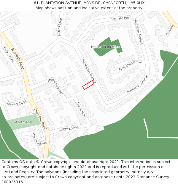 61, PLANTATION AVENUE, ARNSIDE, CARNFORTH, LA5 0HX: Location map and indicative extent of plot