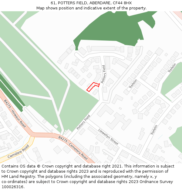 61, POTTERS FIELD, ABERDARE, CF44 8HX: Location map and indicative extent of plot