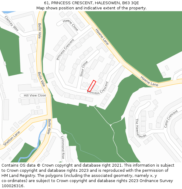 61, PRINCESS CRESCENT, HALESOWEN, B63 3QE: Location map and indicative extent of plot