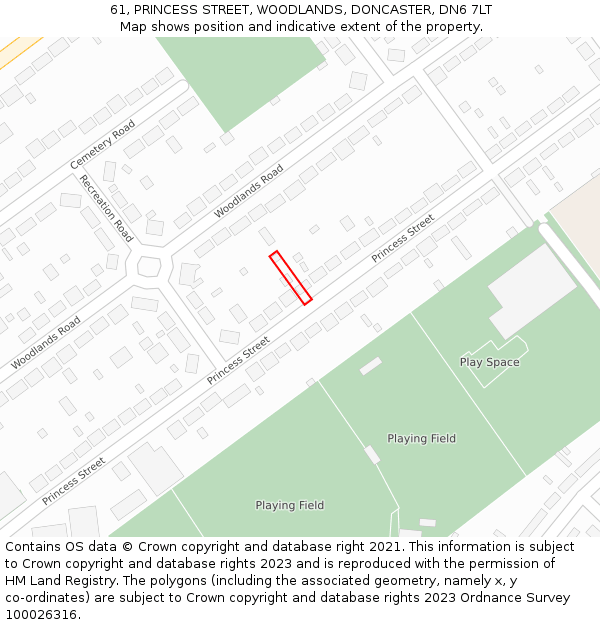 61, PRINCESS STREET, WOODLANDS, DONCASTER, DN6 7LT: Location map and indicative extent of plot
