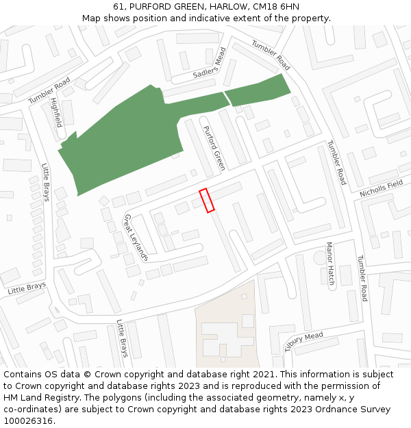 61, PURFORD GREEN, HARLOW, CM18 6HN: Location map and indicative extent of plot