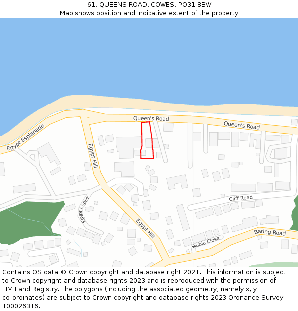 61, QUEENS ROAD, COWES, PO31 8BW: Location map and indicative extent of plot