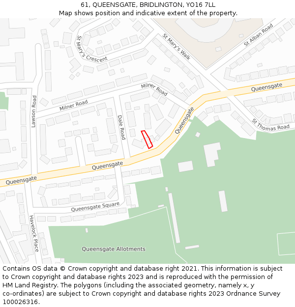 61, QUEENSGATE, BRIDLINGTON, YO16 7LL: Location map and indicative extent of plot