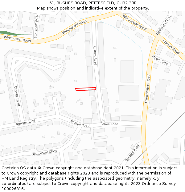 61, RUSHES ROAD, PETERSFIELD, GU32 3BP: Location map and indicative extent of plot