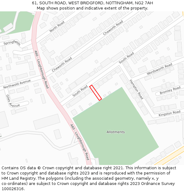 61, SOUTH ROAD, WEST BRIDGFORD, NOTTINGHAM, NG2 7AH: Location map and indicative extent of plot