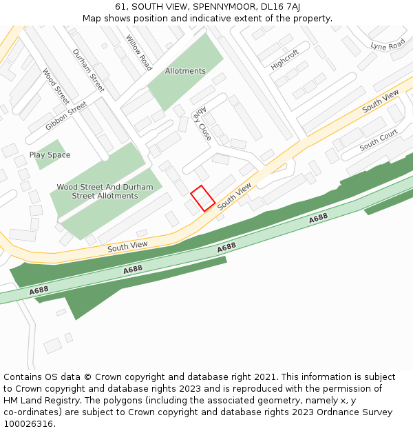 61, SOUTH VIEW, SPENNYMOOR, DL16 7AJ: Location map and indicative extent of plot