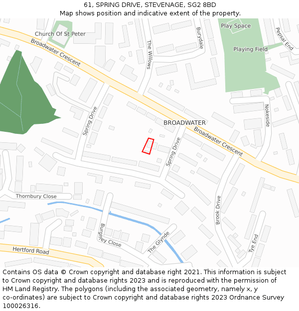 61, SPRING DRIVE, STEVENAGE, SG2 8BD: Location map and indicative extent of plot