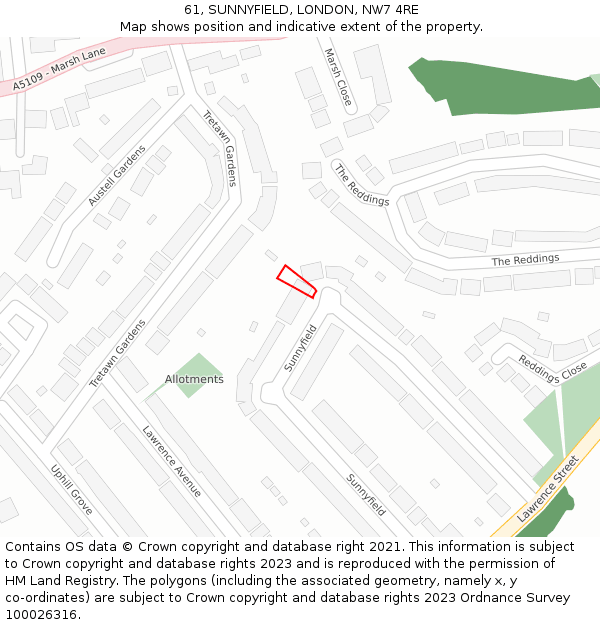 61, SUNNYFIELD, LONDON, NW7 4RE: Location map and indicative extent of plot