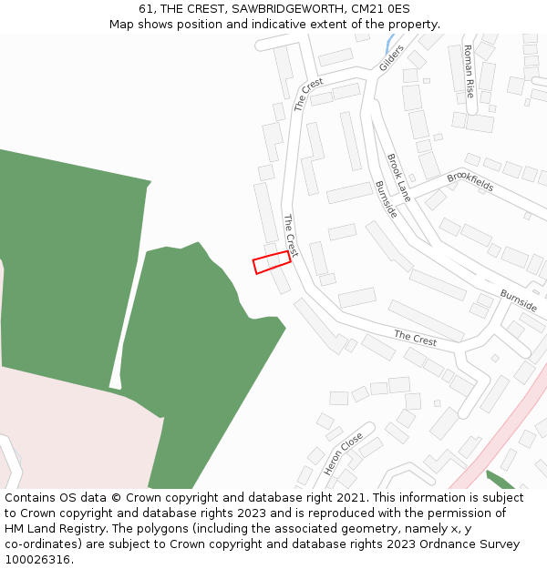 61, THE CREST, SAWBRIDGEWORTH, CM21 0ES: Location map and indicative extent of plot