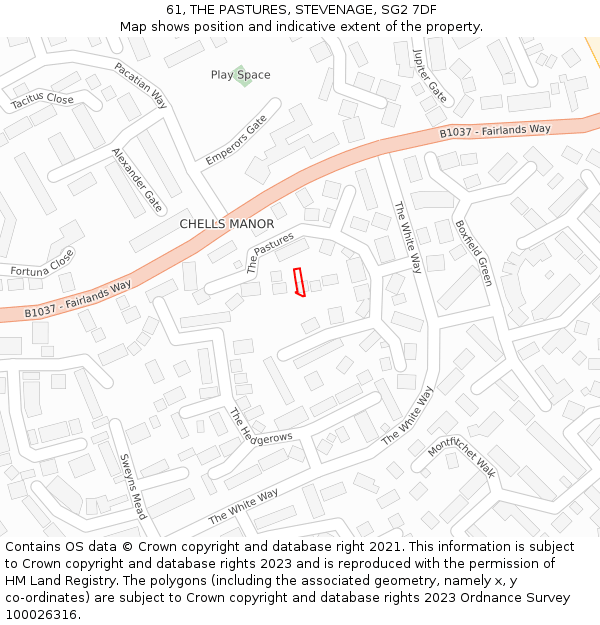 61, THE PASTURES, STEVENAGE, SG2 7DF: Location map and indicative extent of plot