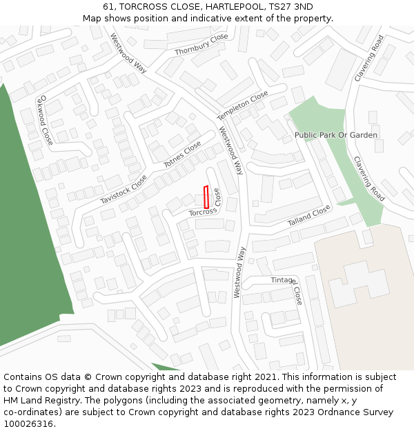 61, TORCROSS CLOSE, HARTLEPOOL, TS27 3ND: Location map and indicative extent of plot